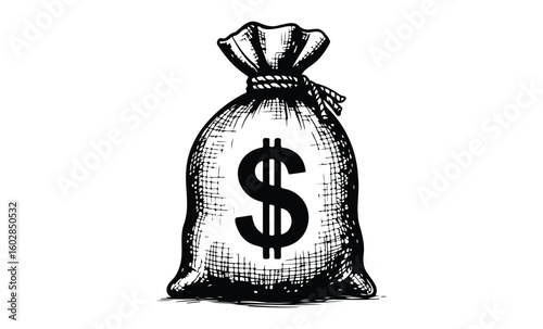 Drawn money bag with dollar symbol isolated on white background. Vector retro hand drawn illustration.