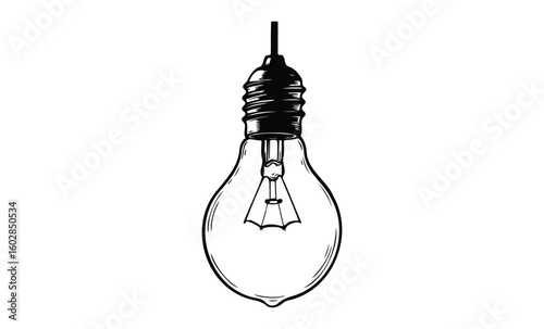 Black and white vintage light bulb with filament drawing on white background. Vector retro hand drawn illustration.