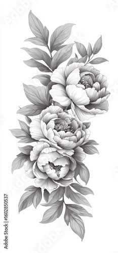 Tattoo design, Japanese-style tattoo, peonies, leaves, smoke, white background