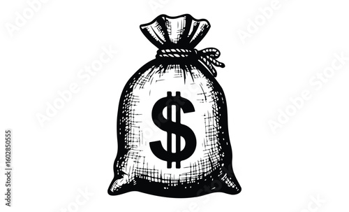 Detailed ink drawing of money bag with dollar sign on white background. Vector retro hand drawn illustration.