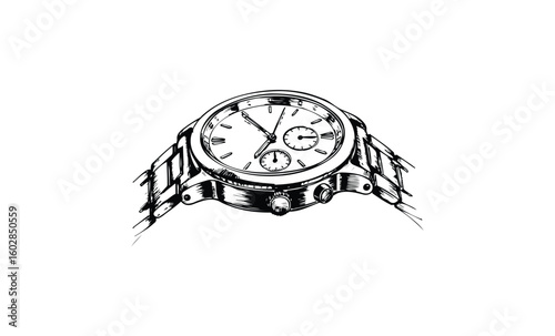 Detailed black and white sketch of a luxury wristwatch with chronograph feature and metal band. Vector retro hand drawn illustration.