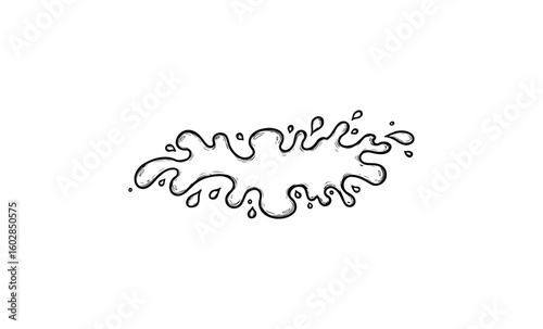 Abstract ink splash with curved lines and droplets on white background. Vector retro hand drawn illustration.