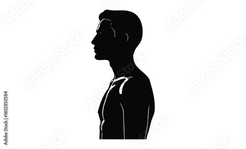 Silhouette of a young male in profile viewing direction with short hair. Vector retro hand drawn illustration.