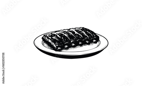 Grilled barbecue ribs on plate - black and white illustration. Vector retro hand drawn illustration.