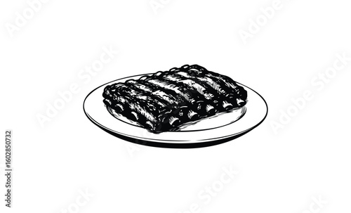 Grilled barbecue ribs on plate - black and white drawing of delicious meat dish. Vector retro hand drawn illustration.