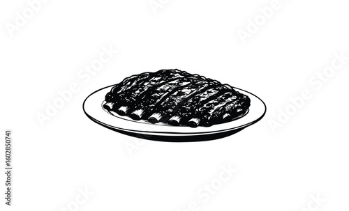 Detailed black and white illustration of a rack of ribs on a plate. Vector retro hand drawn illustration.