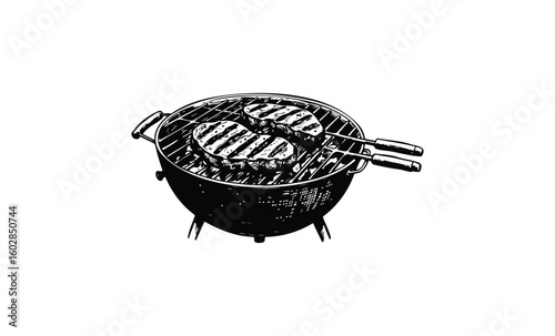 Monochrome illustration of charcoal grill with grilled steaks. Vector retro hand drawn illustration.