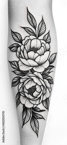 Tattoo design, Japanese-style tattoo, peonies, leaves, smoke, white background