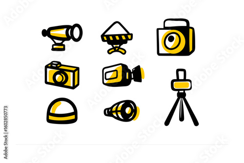 Collection of hand drawn doodle icons representing photography and videography equipment for creative projects