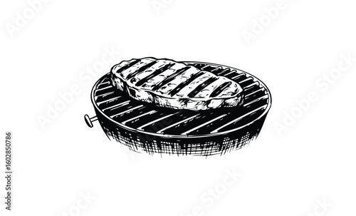 Grilled steak on barbecue grill hand-drawn illustration on white background. Vector retro hand drawn illustration.