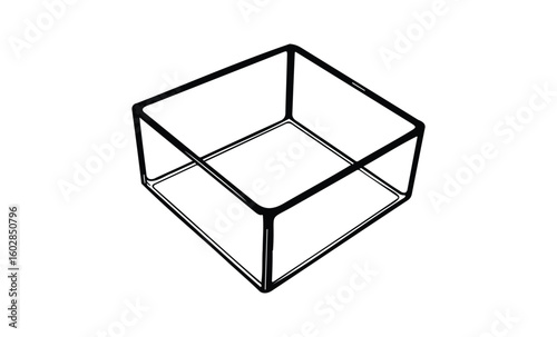 Black and white outline of a 3d cube with clear geometry and perspective. Vector retro hand drawn illustration.