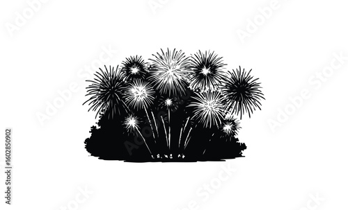 Vibrant fireworks display against night sky in black and white silhouette style. Vector retro hand drawn illustration.