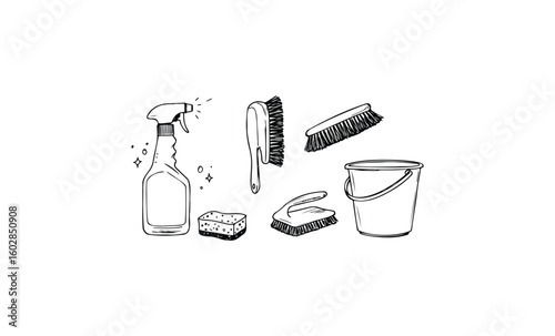 Black and white cleaning tools - spray bottle, brushes, sponge, bucket illustration. Vector retro hand drawn illustration.