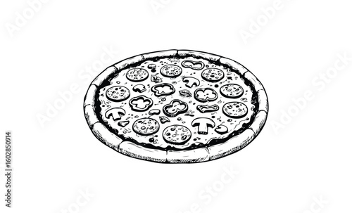 Hand-drawn pizza with mushrooms and pepperoni in black and white. Vector retro hand drawn illustration.