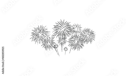 Intricate black and white fireworks display illustration with explosive patterns. Vector retro hand drawn illustration.