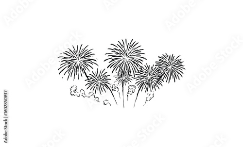 Black and white fireworks display in night sky line art illustration. Vector retro hand drawn illustration.