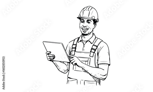 Smiling african male engineer with tablet wearing hard hat and overalls. Vector retro hand drawn illustration.