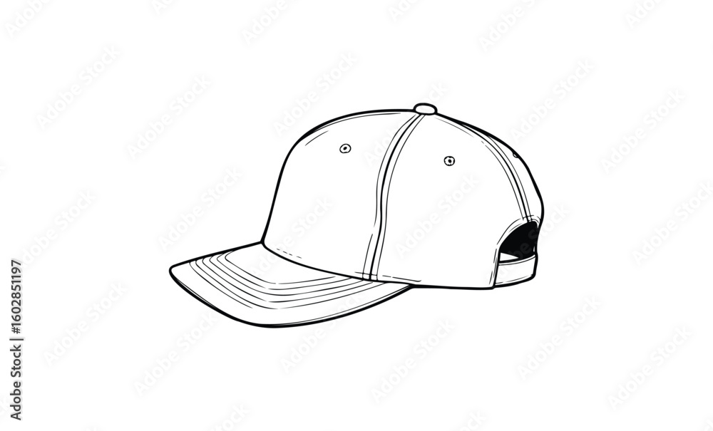 Fototapeta premium Black and white illustration of a baseball cap with stitch detail and ventilation eyelets. Vector retro hand drawn illustration.