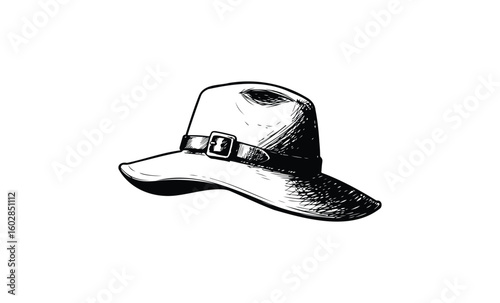 Monochrome sketch of a wide-brimmed hat with buckle detail. Vector retro hand drawn illustration.