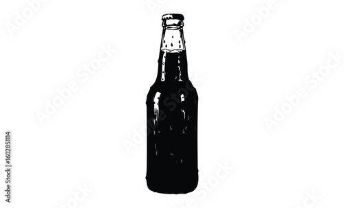 Black and white illustration of a glass bottle on white background. Vector retro hand drawn illustration.