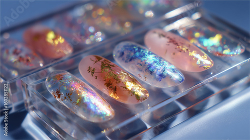 Close up of decorative press on nails in a clear plastic display container