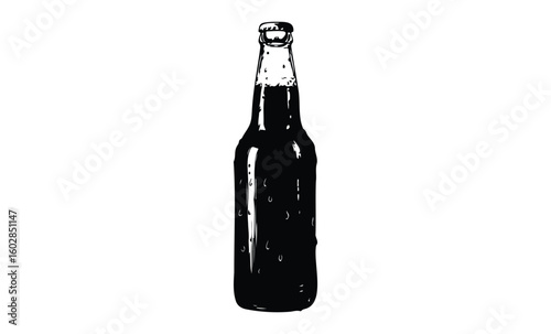 Monochrome illustration of a classic glass bottle with cap. Vector retro hand drawn illustration.