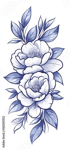 Tattoo design, Japanese-style tattoo, peonies, leaves, smoke, white background