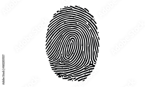 Black and white fingerprint pattern with detailed swirls and ridges. Vector retro hand drawn illustration.