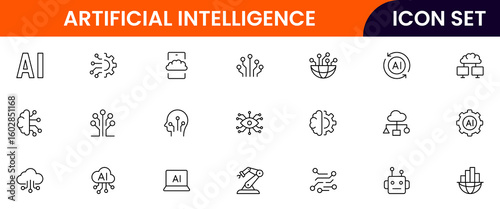 Artificial Intelligencevector line icons featuring algorithms, neural networks, data processing, AI models, training, automation, analytics, coding, and technology concepts.