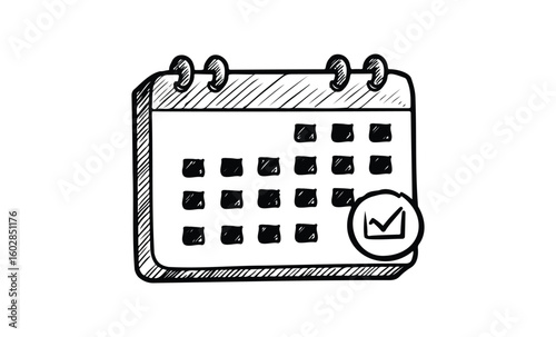 Hand-drawn desk calendar with check mark for monthly planning and organization. Vector retro hand drawn illustration.