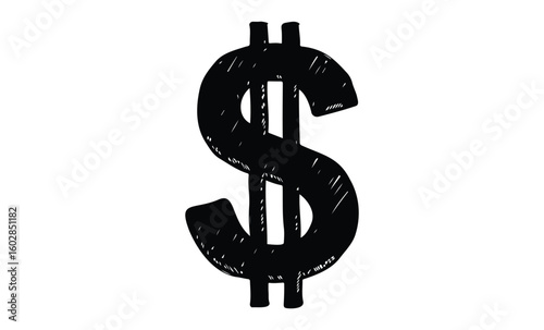 Black and white hand-drawn dollar sign icon on white background. Vector retro hand drawn illustration.