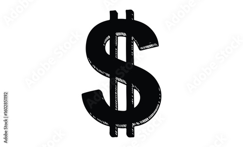 Bold black dollar sign illustration on white background. Vector retro hand drawn illustration.