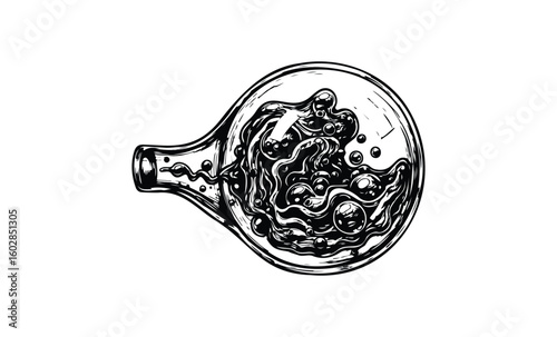 Intricate black and white etching of a bubbly liquid in round flask. Vector retro hand drawn illustration.