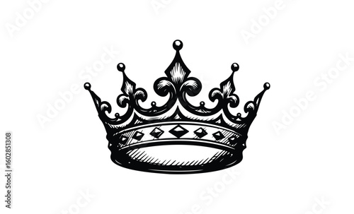 Intricate black and white ornate crown design with fleur-de-lis elements. Vector retro hand drawn illustration.