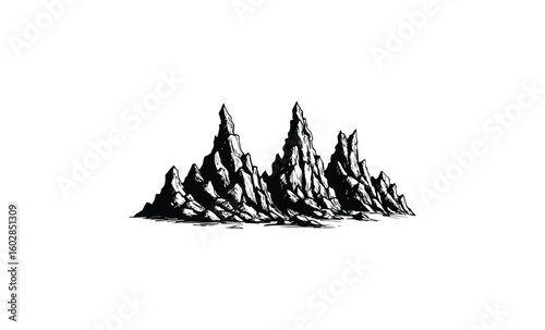 Monochrome mountain peaks illustration on white background. Vector retro hand drawn illustration.