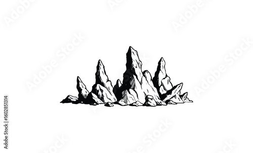 Monochrome illustration of jagged mountain peaks with shadows. Vector retro hand drawn illustration.
