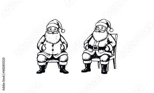 Two illustrations of santa claus sitting on chairs, smiling, with beards and santa hats. Vector retro hand drawn illustration.