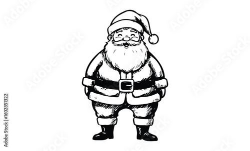 Smiling santa claus illustration in classic costume with belt and hat. Vector retro hand drawn illustration.
