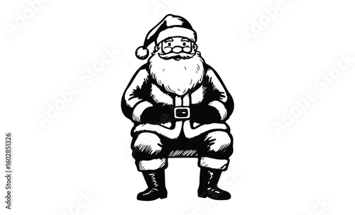 Black and white illustration of santa claus with gift bag. Vector retro hand drawn illustration.