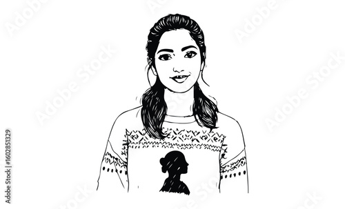 Black and white portrait of young asian female in sweater. Vector retro hand drawn illustration.