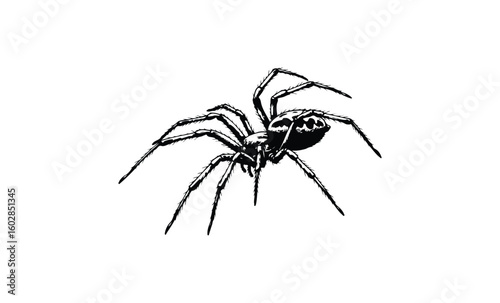 Detailed black and white illustration of a spider with eight legs and intricate patterns. Vector retro hand drawn illustration.