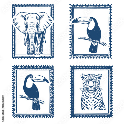 Four blue ink stamp illustrations of African wildlife including an elephant toucans and a leopard animal