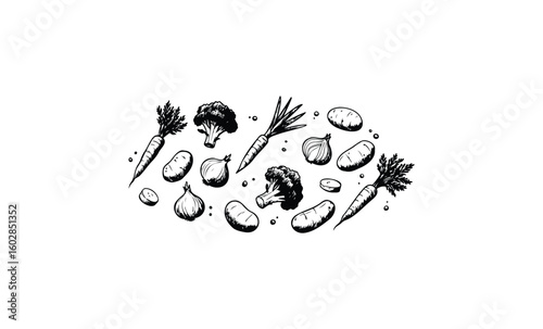 Hand-drawn vegetables arrangement with carrots, onions, broccoli, and potatoes in black and white. Vector retro hand drawn illustration.
