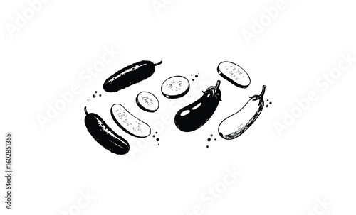 Black and white sketch of varied vegetables with sliced eggplant and cucumber. Vector retro hand drawn illustration.
