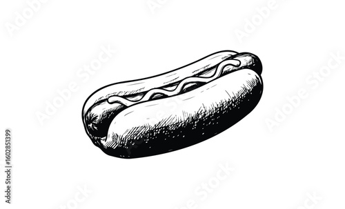 Black and white hot dog illustration with mustard on bun. Vector retro hand drawn illustration.