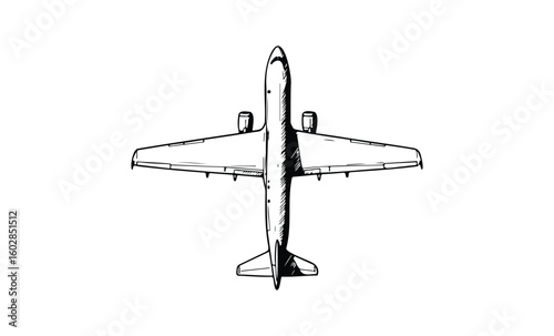 Detailed black and white sketch of commercial airplane from top view. Vector retro hand drawn illustration.