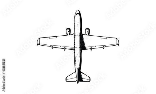 Top view of commercial airplane outline illustration with wings and engines. Vector retro hand drawn illustration.