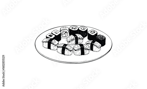 Assorted sushi platter line art illustration: nigiri, maki, and sashimi on plate. Vector retro hand drawn illustration.