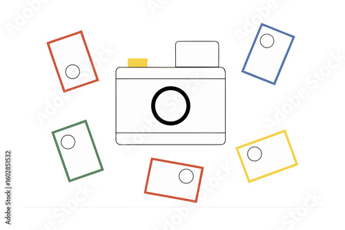 Whimsical cartoon camera surrounded by colorful hand drawn polaroid photos with smiling faces