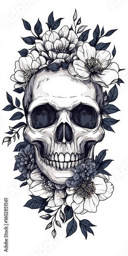 Tattoo design: skull with flowers, in black and white